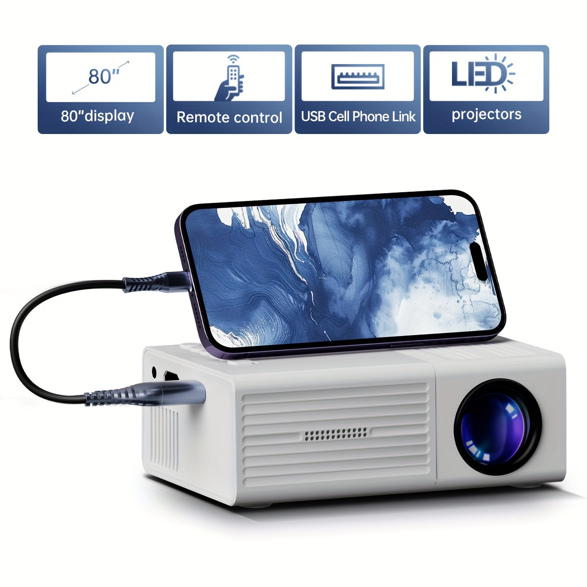 Portable HD Video Projector with USB Phone Connection